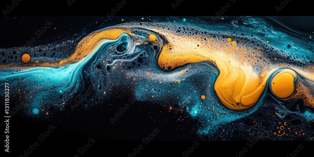 Poster vibrant swirling patterns of blue and orange paint create a mesmerizing abstract design on a dark ba