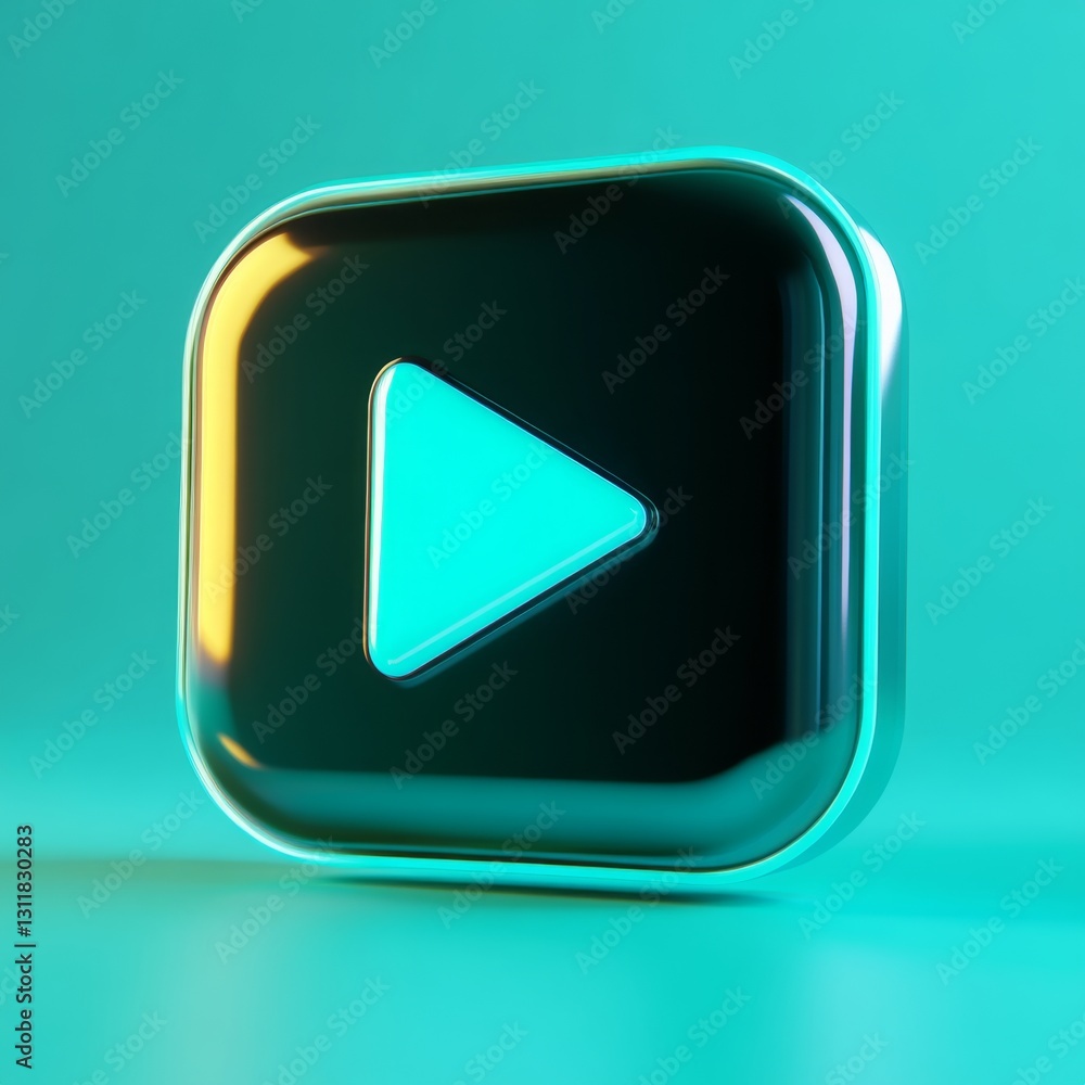 Poster neon cyan play button icon in 3d rendered style with floating effect