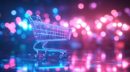 Bright Neon Shopping Cart on a Colorful Background Displaying Digital Shopping Concept for Modern Retail and E-commerce Ventures
