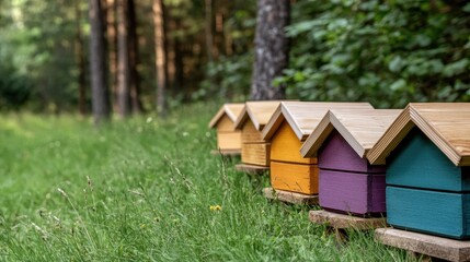 A vibrant array of beehives sits in a green meadow surrounded by trees, displaying a lively summer scene full of bees
