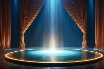 arafed stage with a fountain and curtains with light streaming from it