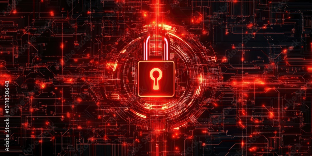 Poster futuristic digital lock symbol surrounded by glowing red circuitry, representing cybersecurity and d