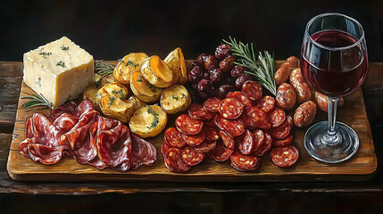 Delicious charcuterie board featuring various cured meats, gourmet cheese, olives, and wine presented on a wooden platter in an elegant setting