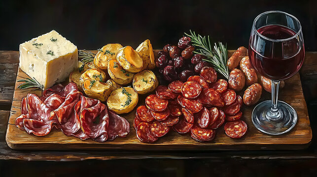 Delicious charcuterie board featuring various cured meats, gourmet cheese, olives, and wine presented on a wooden platter in an elegant setting