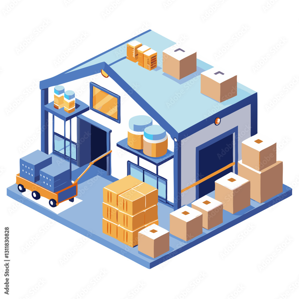 Poster bright and orderly warehouse displays neatly stacked boxes and containers. a cart is ready for loadi