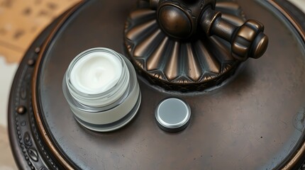 Obraz premium An open jar of white cosmetic cream and its lid resting on a decorative, dark bronze-colored surface with an ornate design.