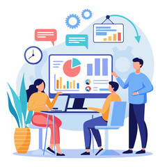 Two business analysts are engaged in a discussion while reviewing charts and data trends on a computer screen in a contemporary office. The atmosphere is focused and analytical