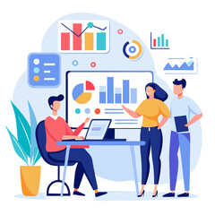 Team of business analysts actively discussing and reviewing various charts and trends presented on a digital screen in a contemporary office setting