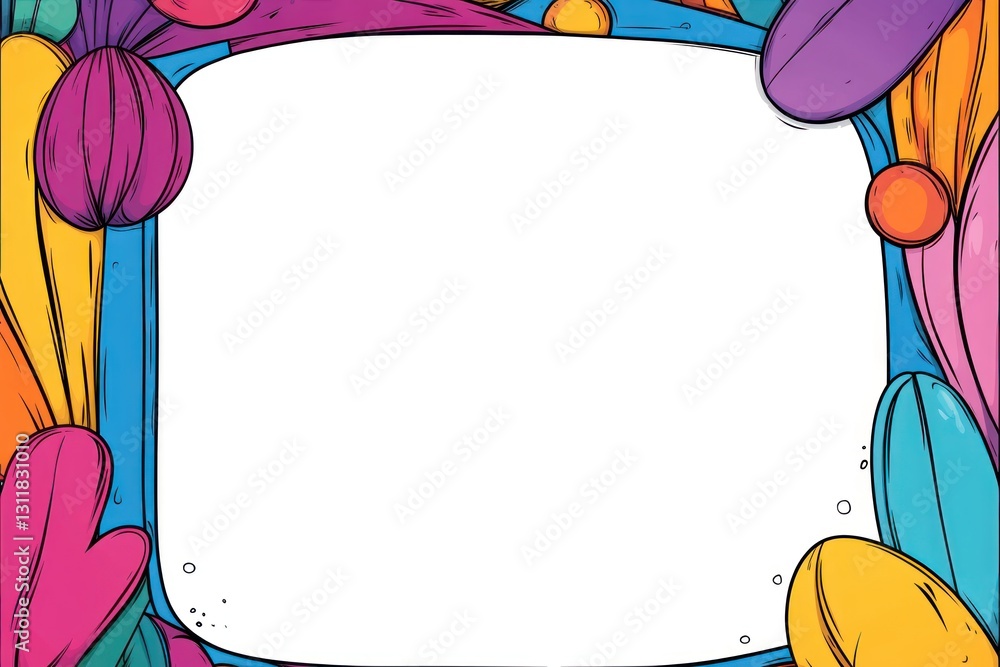 Aufkleber vibrant frame with abstract shapes and cartoonish style around a white rectangular space on solid ba