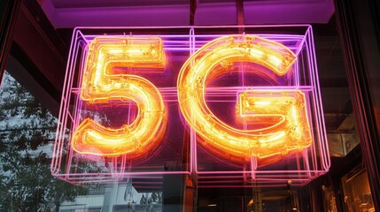 Neon 5G Sign Glowing in Vibrant Colors, Showcasing Modern Technology and Connectivity in Urban Setting