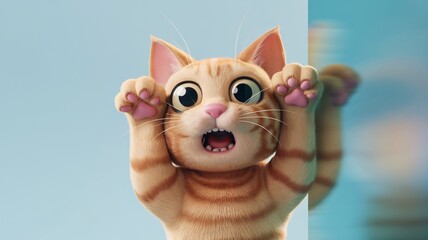 An excited orange tabby kitten with wide eyes and outstretched paws, playfully reaching for the viewer.