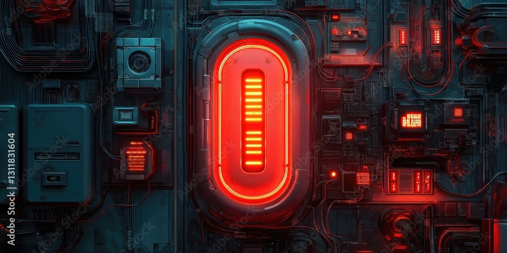 Poster abstract close-up of a futuristic circuit board with glowing red elements, showcasing technology and
