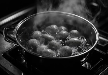 Boiling Fresh Potatoes in a Modern Kitchen with Steam Rising from Silver Pot on Dark Background