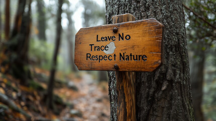 Wooden sign promoting Leave No Trace principles stands amidst misty forest path during early morning hours in a tranquil natural setting