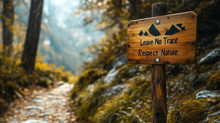 Leave no trace sign in a serene forest path promoting respect for nature and outdoor ethics during a sunny day