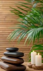 Obraz premium Empty wooden table provides an ideal setting for showcasing spa products with tranquil candles and a towel in view.