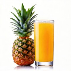 A fresh pineapple next to a glass of vibrant orange juice, showcasing a tropical theme and refreshing flavors.