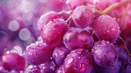 Juicy crimson grapes glistening with fresh droplets in a dreamy purple hue