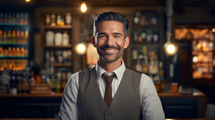 A handsome middle-aged man, a beer shop salesman, stands behind the counter in dress clothes, smiling and looking directly at the camera, in a super-realistic image ideal for advertising.

