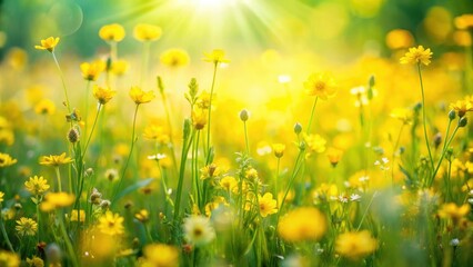Golden Meadow of Sunshine-Bathed Buttercup Blooms, a Vibrant Display of Nature's Beauty