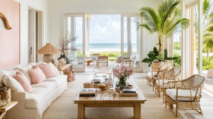Obraz premium Living Room with Beach View and Rattan Furniture Interior Design