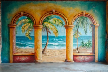 Tropical Beach Mural Three Archways, Palm Trees, Ocean View, Sandy Shore