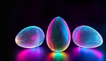 Fototapeta premium Neon Easter – Vibrant neon eggs on a black background, with dynamic lighting, creating a modern and bold Easter design. 