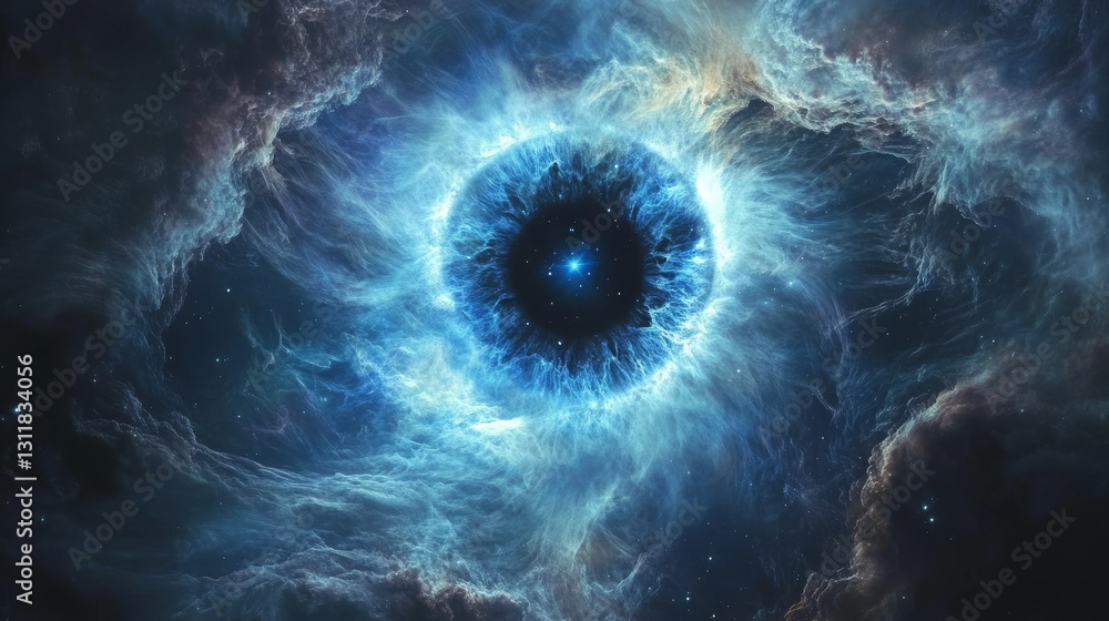 Poster a vibrant and detailed cosmic vortex resembling a human eye, with glowing star clusters and flowing 