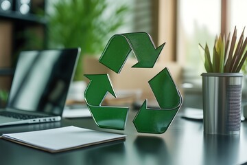 Green Recycle Symbol on Desk with Laptop and Office Supplies