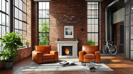 Fototapeta premium Industrial loft living room with leather armchairs, fireplace, and bicycle