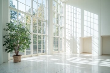 Sunlit interior with large windows, potted plant, and marble floor.