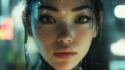 Serene digital face close-up with a futuristic ethereal interface overlay