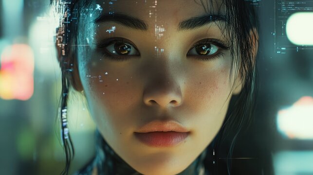 Serene digital face close-up with a futuristic ethereal interface overlay