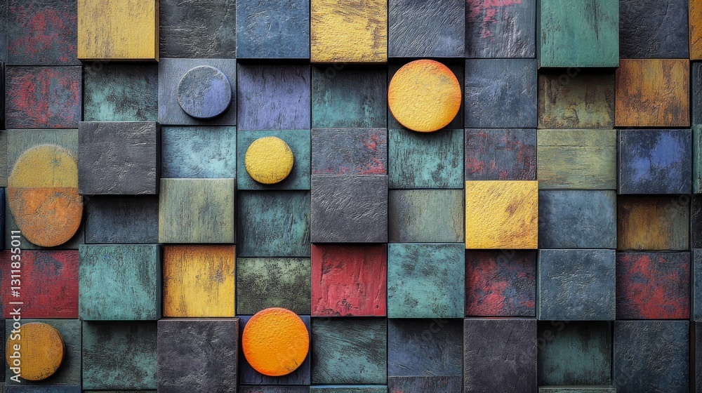 Poster vibrant abstract wall featuring multicolored geometric squares and circles. textured surfaces create