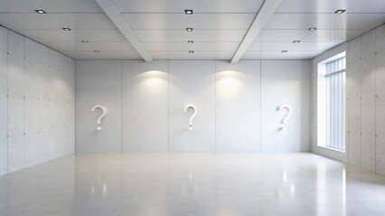 Modern minimalist interior featuring three question marks on a wall, symbolizing uncertainty and the search for answers in a spacious, bright room with concrete walls and polished floor.