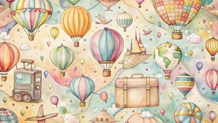 Fototapeta premium Whimsical Travel Illustration Pattern: Bokeh Background, Hand-Drawn Adventure Design