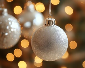 Close-up of shimmering silver Christmas ornament.