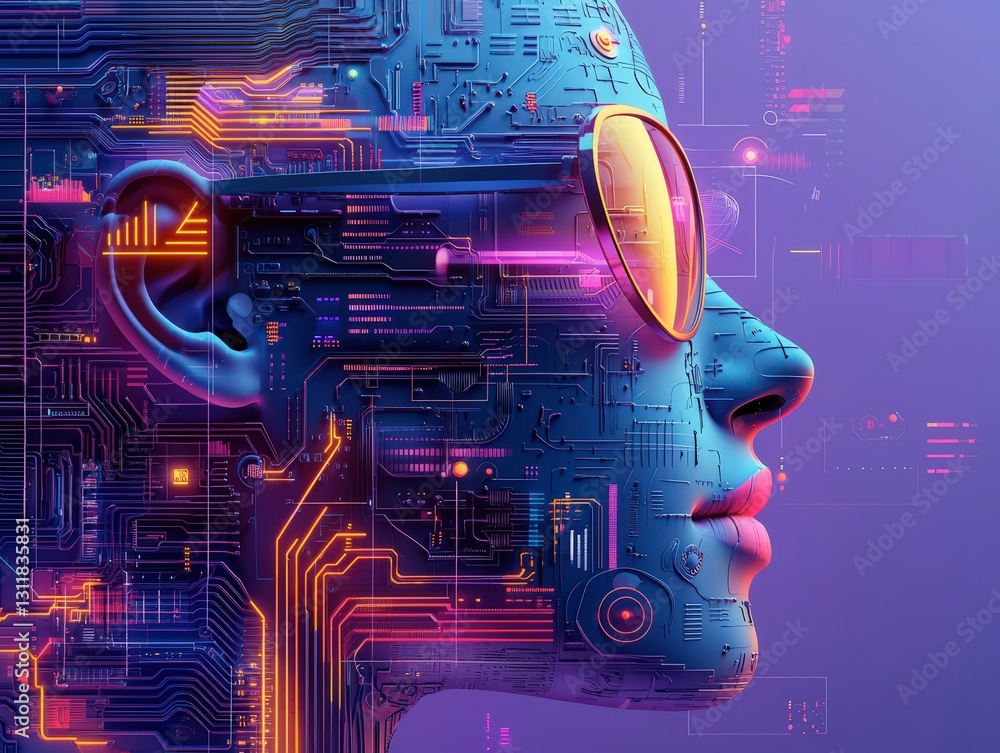 Poster portrait of futuristic female advanced technology being utilized for content creation and process op
