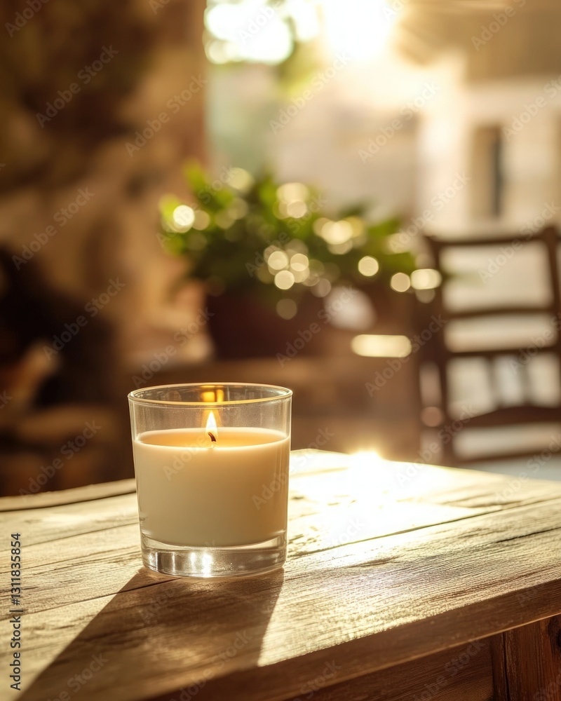 Poster lit candle in glass on wooden table with sunlight and blurred greenery in background creating warm a
