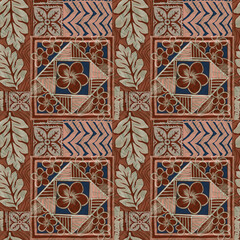 Hawaiian style botanical symbol and traditional fabric patchwork wallpaper abstract vintage  seamless pattern