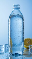 Refreshing clear water in plastic bottle with condensation and citrus slice