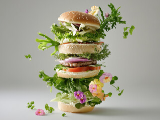 Giant hamburger floating with herbs, vegetables, and flowers