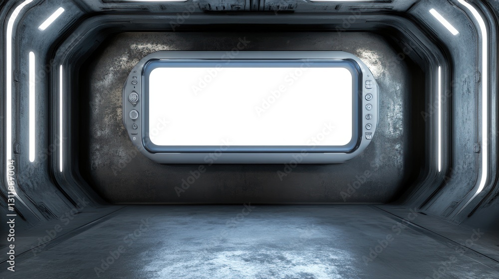 Poster metallic interior with illuminated panels and a blank rectangular window
