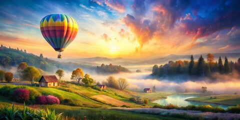 Fototapeta premium Whimsical Watercolor Hot Air Balloon Over Painted Countryside - Long Exposure Stock Photo