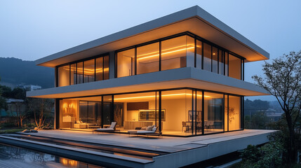 Fototapeta premium Modern glass house illuminated at dusk with surrounding greenery creating a serene atmosphere in a tranquil setting
