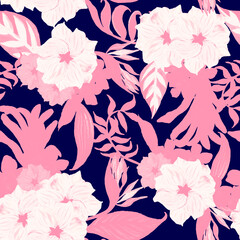 Seamless floral pattern tropical flowers with leaves. Template design for textiles, interior, clothes, wallpaper. Botanical art.