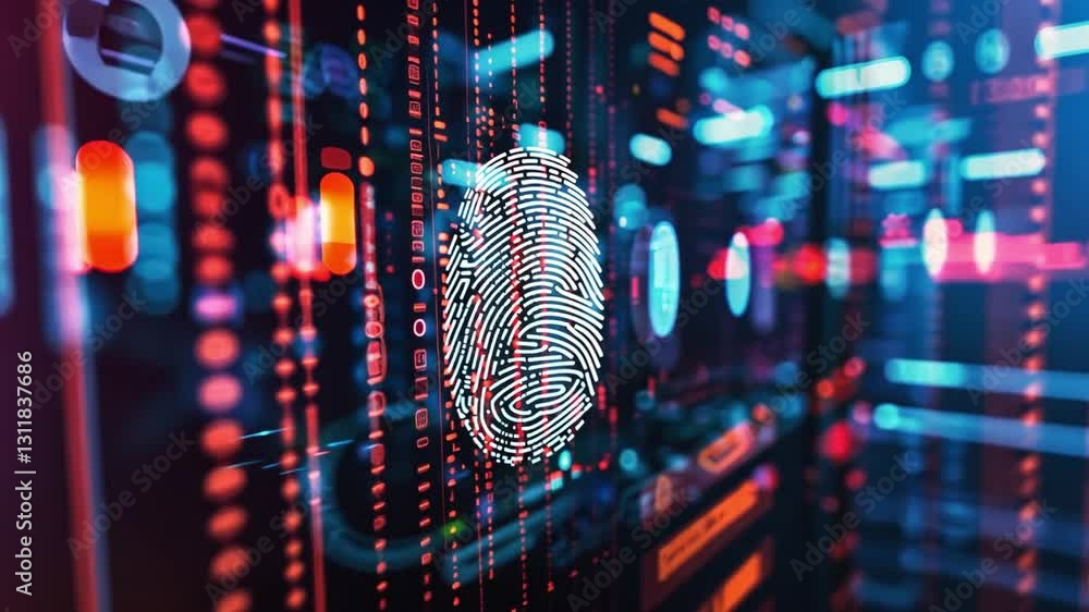 Poster colorful digital fingerprint technology abstract security and identity verification in data streams 