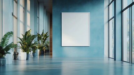 Modern Office Interior with Blank Frame and Plants, A modern office interior featuring a spacious hallway with large windows