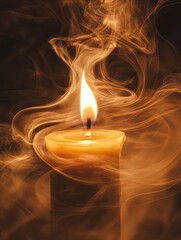 Naklejka premium Single candle flame illuminating ethereal smoky abstract patterns