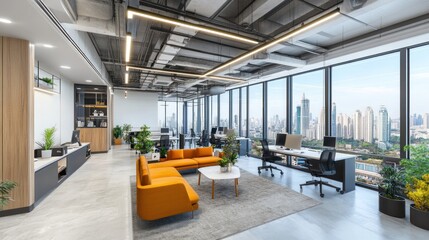 Modern Open Office Interior with City View and Contemporary Design